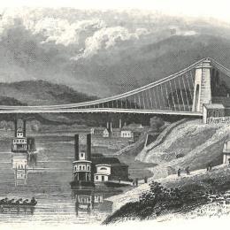 Lithograph of the Wheeling Suspension Bridge in West Virginia