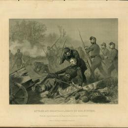 Illustration depicting the mortally wounded Union General Isaac Stevens grasping an American flag during the Battle of Chantilly, Virginia, in 1862.