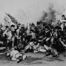 Historical engraving depicting the mortal wounding of Continental Army Maj. Gen. Johann de Kalb during the Battle of Camden, South Carolina, in August 1780.