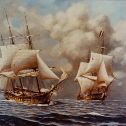The USS Constellation maneuvers ahead of the French frigate Insurgente during their naval engagement on February 9, 1799, with both sailing warships exchanging cannon fire in rough seas during the Quasi-War.