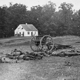 Alexander Gardner's famous photo of Confederate dead before the Dunker Church on the Antietam Battlefield