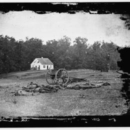 Alexander Gardner's famous photo of Confederate dead before the Dunker Church on the Antietam Battlefield