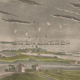 British fleet bombarding Fort McHenry, Baltimore, Maryland, during the War of 1812.