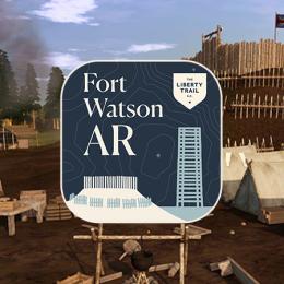 Fort Watson AR App Logo and a scene from the app showing an encampment at Fort Watson