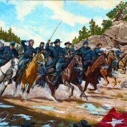 Historical painting depicting Union and Confederate forces engaged at Apache Canyon during the Battle of Glorieta Pass in New Mexico Territory.