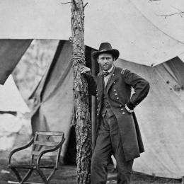 Photograph of General Ulysses S. Grant standing outside his headquarters at Cold Harbor, Virginia, during the Civil War.