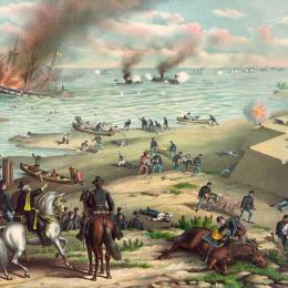 Colorful nineteenth-century chromolithograph depicting the ironclads USS Monitor and CSS Virginia