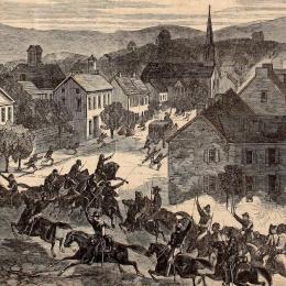 An illustration depicting the entry of Morgan's Freebooters into Washington, Ohio