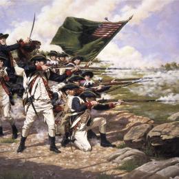 This painting depicts soldiers firing in a line at the Battle of Long Island. 