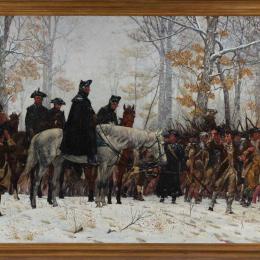Painting of George Washington on horseback leading weary Continental Army soldiers through the snow toward Valley Forge in 1777.