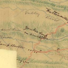 Hand-drawn 1861 map of mountainous western Virginia showing roads, communities and military positions in the Rich Mountain and Cheat Mountain region.