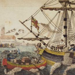 “Boston Tea Party;” by W.W. Cooper.  Engraving in The History of North America, 1789.