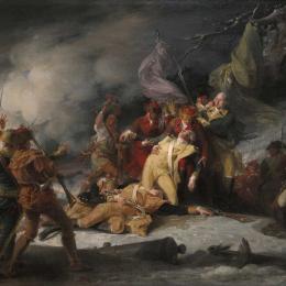 Dramatic history painting showing American general Richard Montgomery collapsing after being struck during the snowy assault on Quebec, as soldiers around him react amid smoke, weapons, and confusion.