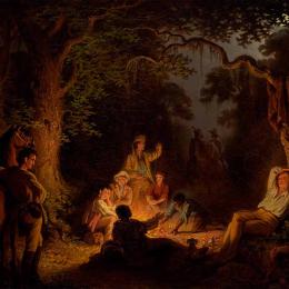 A painting of Francis Marion and his men camping in the Swamp