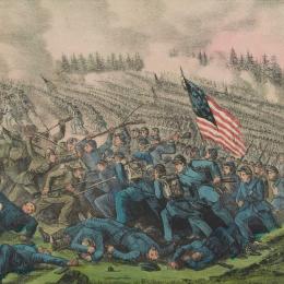 Hand-colored lithograph depicting Union and Confederate forces fighting during the Battle of Petersburg, Virginia, on April 2, 1865. Soldiers advance across the battlefield amid rifle and artillery fire as Union forces break through the Confederate defenses.