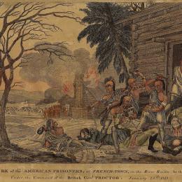 Hand-colored engraving depicting Native warriors attacking wounded American prisoners after the Battle of the River Raisin during the War of 1812.
