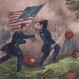 Hand-colored Civil War lithograph depicting the death of Union Col. Edward D. Baker during the Battle of Ball's Bluff near Leesburg, Virginia, in October 1861.
