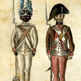 Watercolor depicting a Black soldier of the 1st Rhode Island Regiment, a New England militiaman, a frontier rifleman, and a French officer during the Siege of Yorktown.