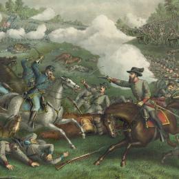 Color lithograph depicting Union and Confederate troops engaged in intense fighting during the Third Battle of Winchester, Virginia, on Sept. 19, 1864.