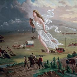 Print shows an allegorical female figure of America leading pioneers westward, as they travel on foot, in a stagecoach, conestoga wagon, and by railroads, where they encounter Native Americans and herds of bison.