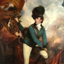 Painting of a man wearing a short green coat posed in front of a cannon and a horse. 