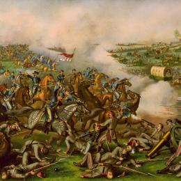 A chromolithograph print by Kurz & Allison showing a charge led by Union general Philip Sheridan at the Battle of Five Forks
