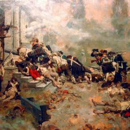 Painting depicting Continental soldiers assaulting the fortified Chew House during the Battle of Germantown.
