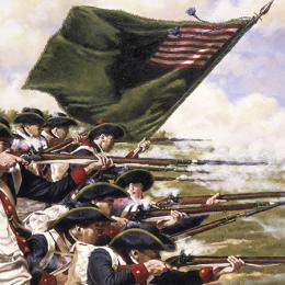 This painting depicts soldiers firing in a line at the Battle of Long Island. 