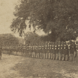 A photograph of the 29th Regiment, Connecticut Volunteers, U.S. Colored Troops, in formation near Beaufort, S.C.