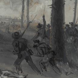 Illustration of soldiers running through the woods at Chickamauga
