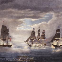 Painting of 3 larges ships on the water. All of them are smoking and seem to be engaged in battle.