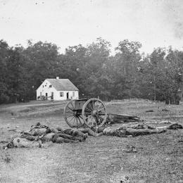 Alexander Gardner's famous photo of Confederate dead before the Dunker Church on the Antietam Battlefield