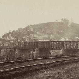 Photograph of the train and bridge at Harper's Ferry