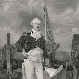 Sketch of Henry Knox standing in front of a cannon