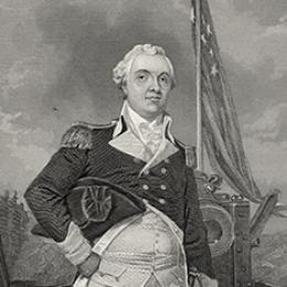 Sketch of Henry Knox standing in front of a cannon