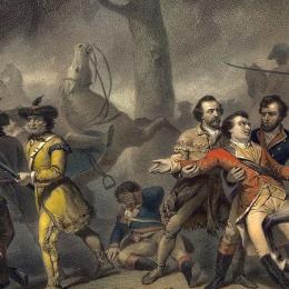 This is an image of George Washington leading his troops into battle on horseback. 