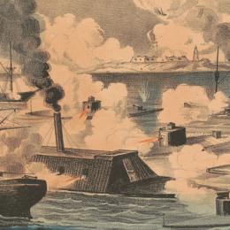 Smoke filling the air and ships occupying the water at Mobile Bay