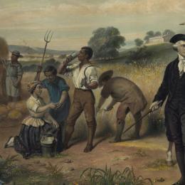 "Life of George Washington - The Farmer" by Junius Stearns shows Washington standing among African-American field workers harvesting grain; Mount Vernon in the background.