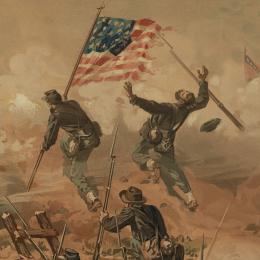 This is an illustration of a lone soldier waving the American flag amidst the smoke and dust on the battlefield. 