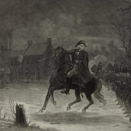 George Washington on horseback leading Continental forces during the Battle of Trenton.
