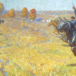 Illustration of cavalry units charging towards each other at Byram's Ford