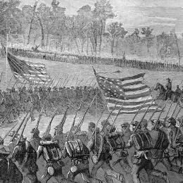 Illustration of troops charging in linear fashion at the Wilderness