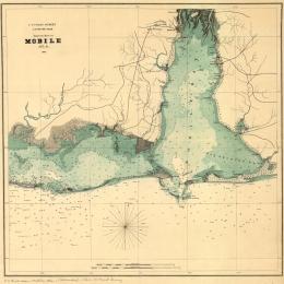 Civil War-era map of Mobile Bay, Alabama, depicting forts, towns, roads, and navigational soundings.