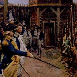 Portrait illustrating an interaction between colonial and indigenous soldiers