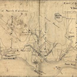 Colored manuscript map of southeastern Virginia showing Princess Anne, Norfolk and portions of Nansemond counties.