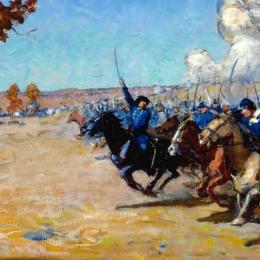 Historical painting by N. C. Wyeth depicting the Battle of Westport, Missouri, on October 23, 1864, during the Civil War.