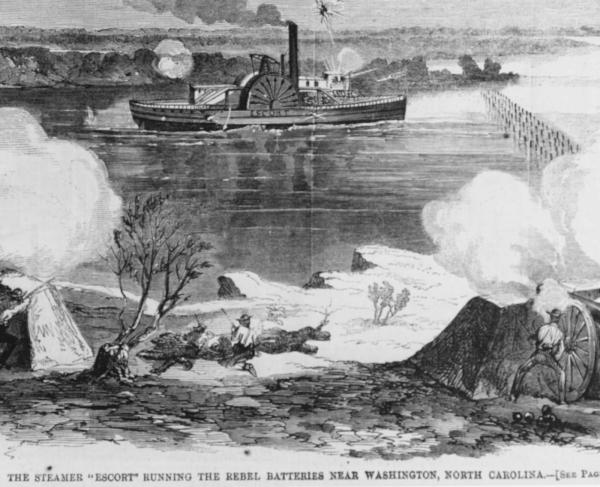 The Steamer “Escort” Running the Rebel Batteries Near Washington, North Carolina. Illustration from an 1863 edition of Harper’s Weekly.
