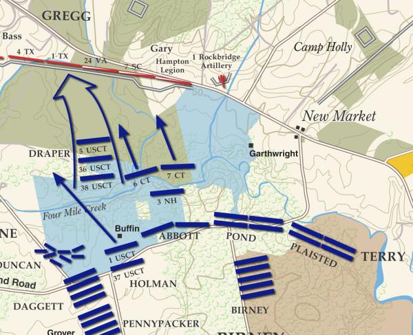 A battle map of the Union Attack at New Market Heights on September 29, 1864