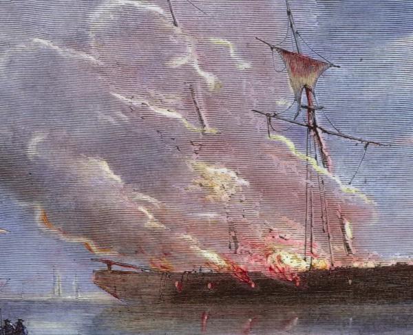 An illustration of the burning of the revenue cutter Gaspee in Narragansett Bay