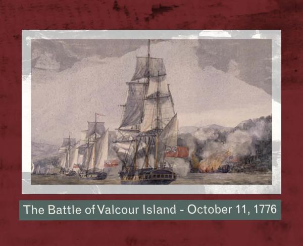 An lithograph of ships at sea from the video The Battle of Valcour Island